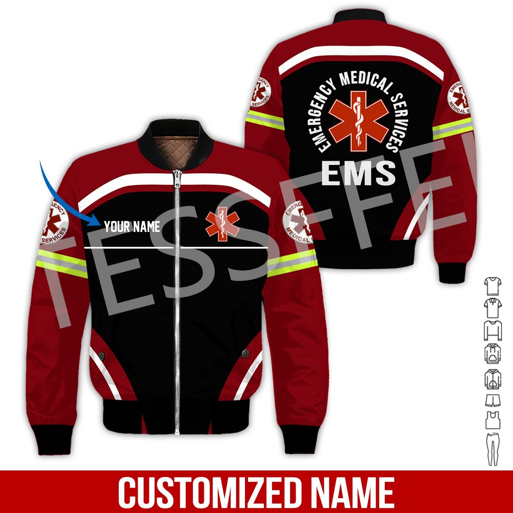 Custom Name Cosplay EMS EMT Medical Paramedic Worker Tattoo 3DPrint Streetwear Winter Windbreaker Warm Coat Bomber Jacket X4