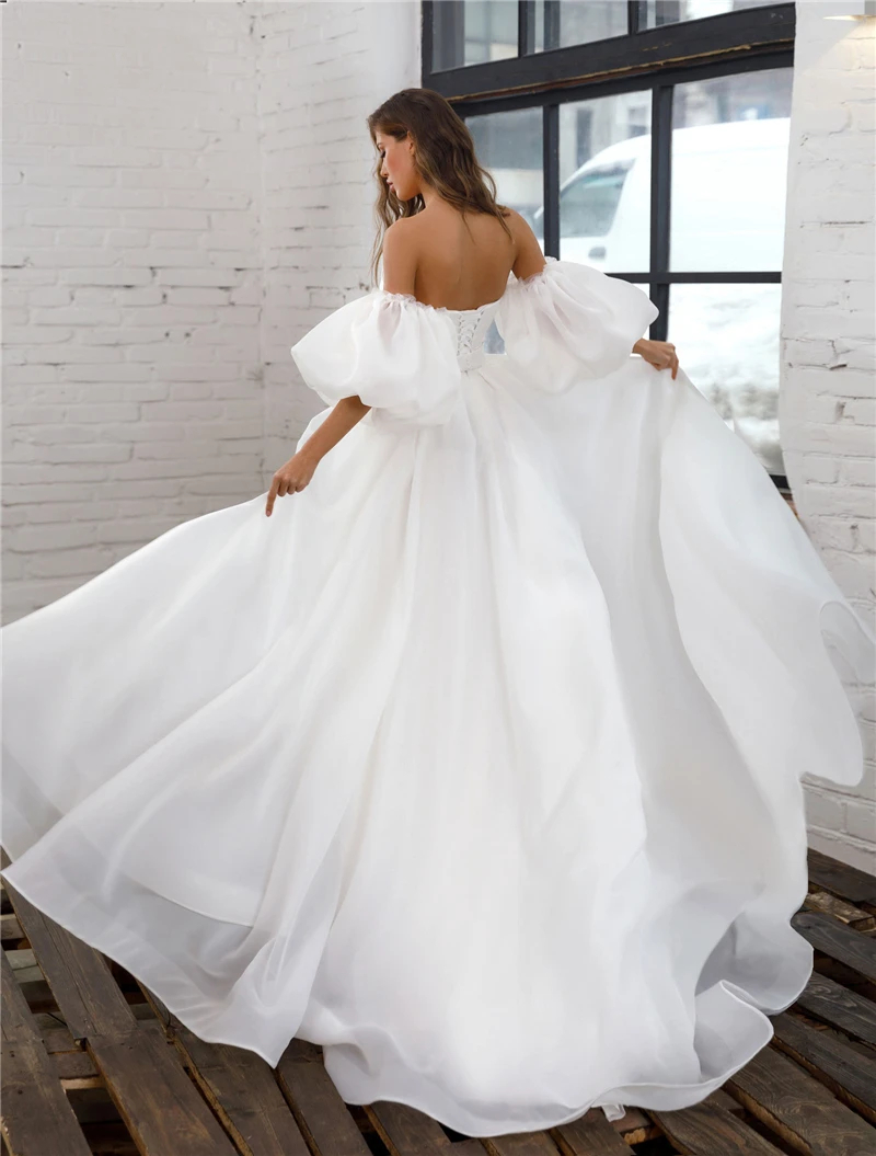 Romantic Organza Wedding Dresses Detachable Puff Sleeves Elegant Sweet A-line Bridal Dress Simple Long Princess Wedding Gowns Vestido de Noiva