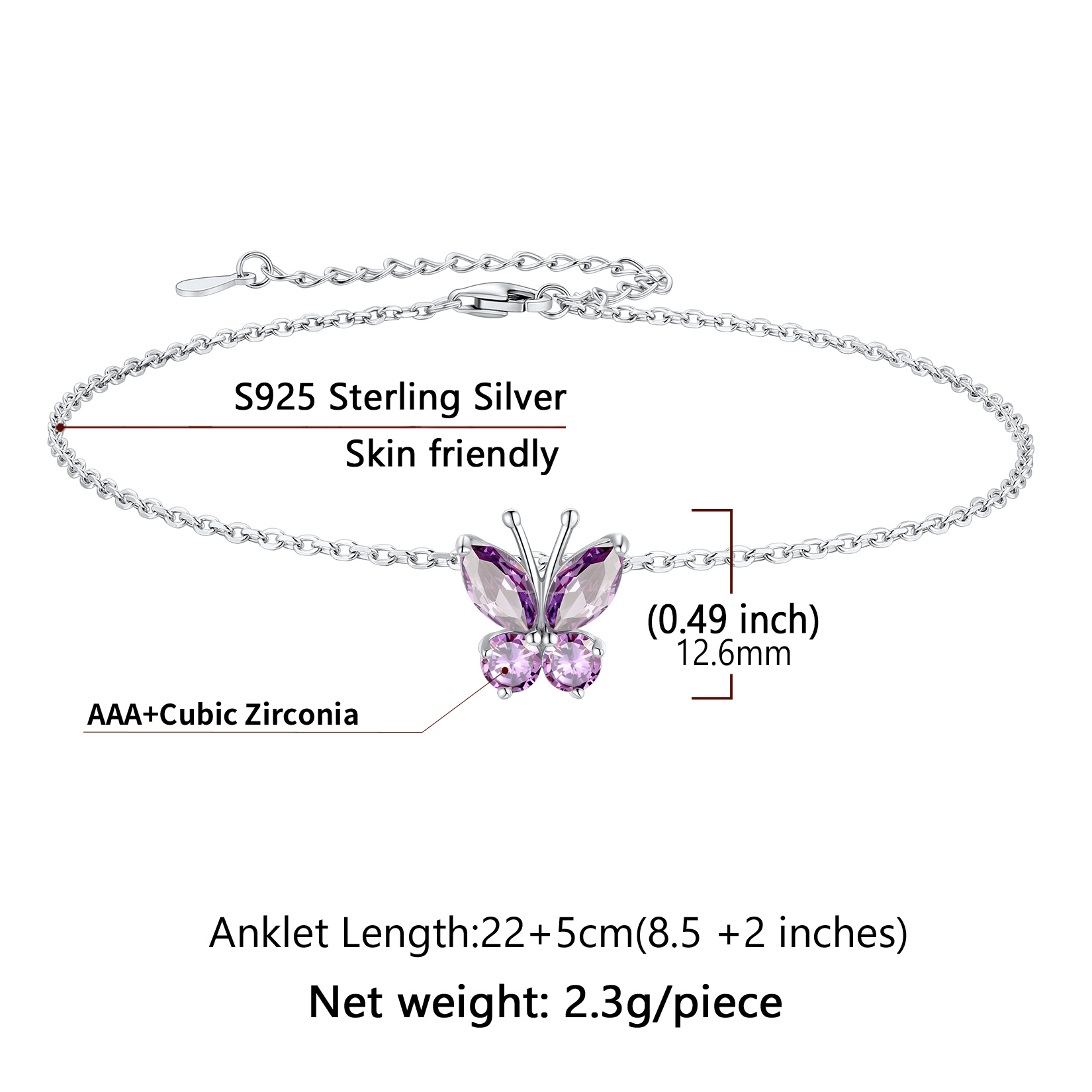 U7 Butterfly Anklets for Women S925 Foot Bracelet Birthstone Sterling Silver Adjustable Beach Jewelry Length 8.5"-10.5"