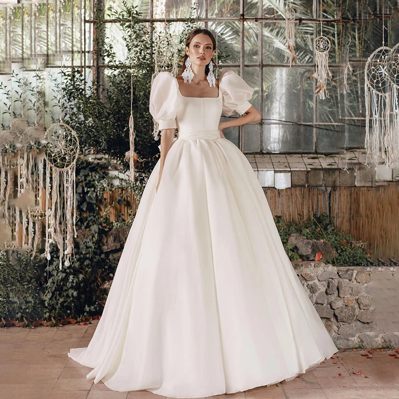 Fashion Square Neck A-Line Beach Wedding Dresses Short Puff Sleeves Court Train Elegant Bridal Gowns Custom Made Vestido De Noiva