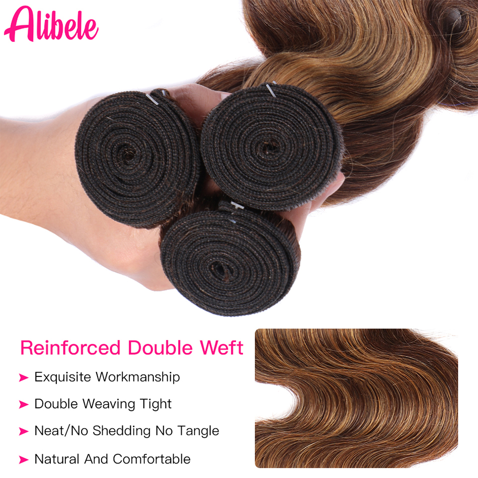 Alibele Highlighted Body Wave Human Hair Bundles With 4x4 HD Lace Closure Pre-Plucked P4/27 Color Peruvian Remy Hair Extentions