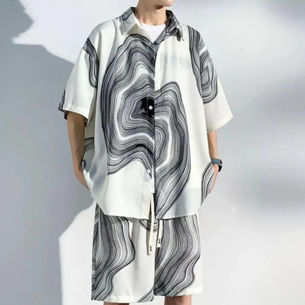 2Pcs/Set Men Summer Casual Outfit Lapel Short Sleeve Single Breasted Shirt Elastic Drawstring Waist Wide Leg Shorts Set 240518