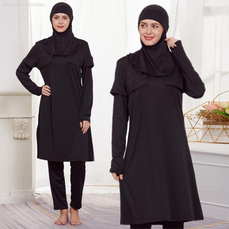 3 Pieces Sets Women Muslim Islamic Black Bathing Burkinis Sets Arab Modest Full Cover Tops Pants Swimwear Swimsuit Beachwear
