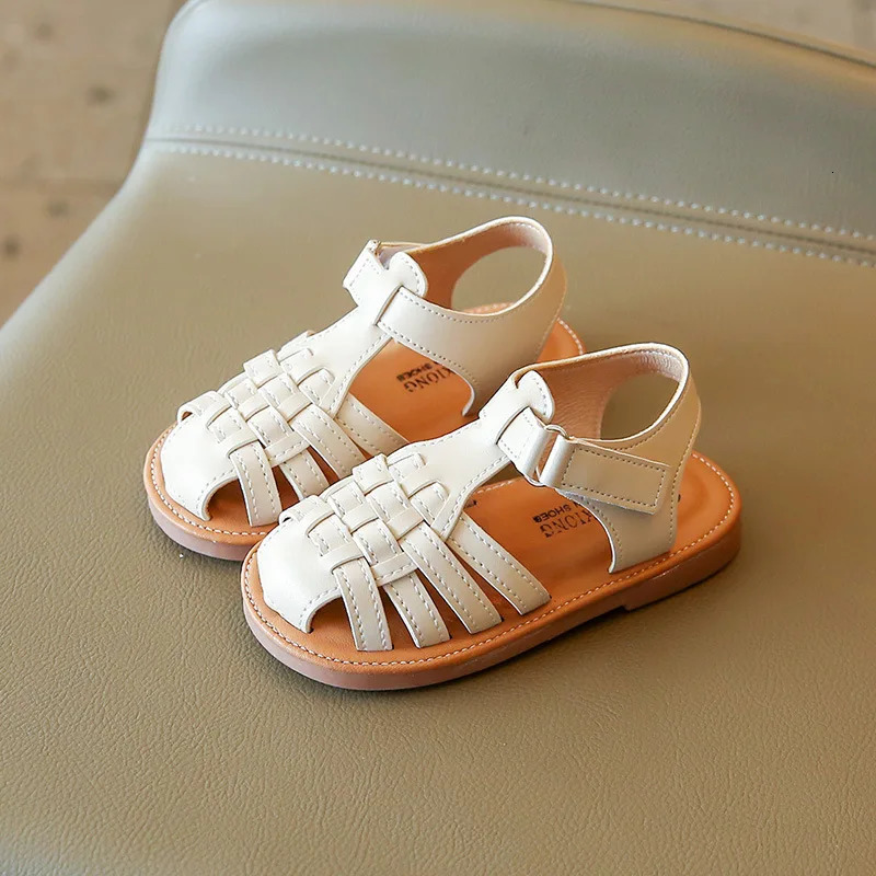 Vintange Weave Solid Girls Sandals Closed Toe Sandals for Girl Kids Baby Flat Girls Sandals Summer Kids Shoes F02234 240513