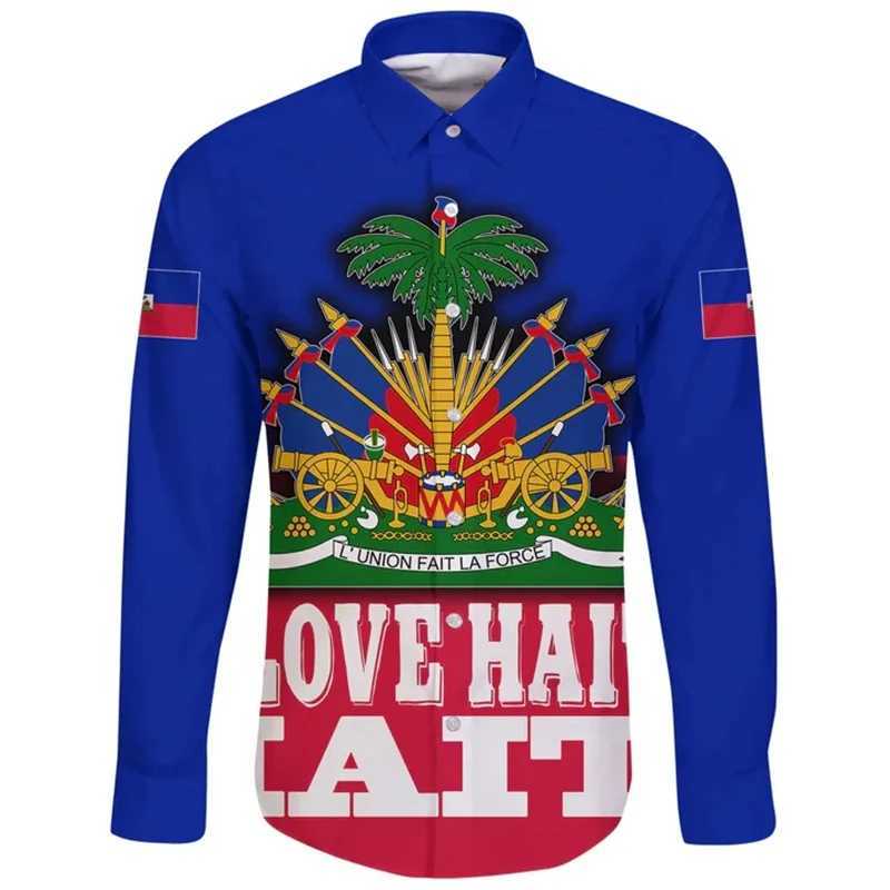 Men's Casual Shirts Mens Shirt Haiti Flag Caribbean Sea Haiti Retro Vintage Tattoo 3D Printed Strtwear Harajuku Casual Men Shirts Long Slve Top T