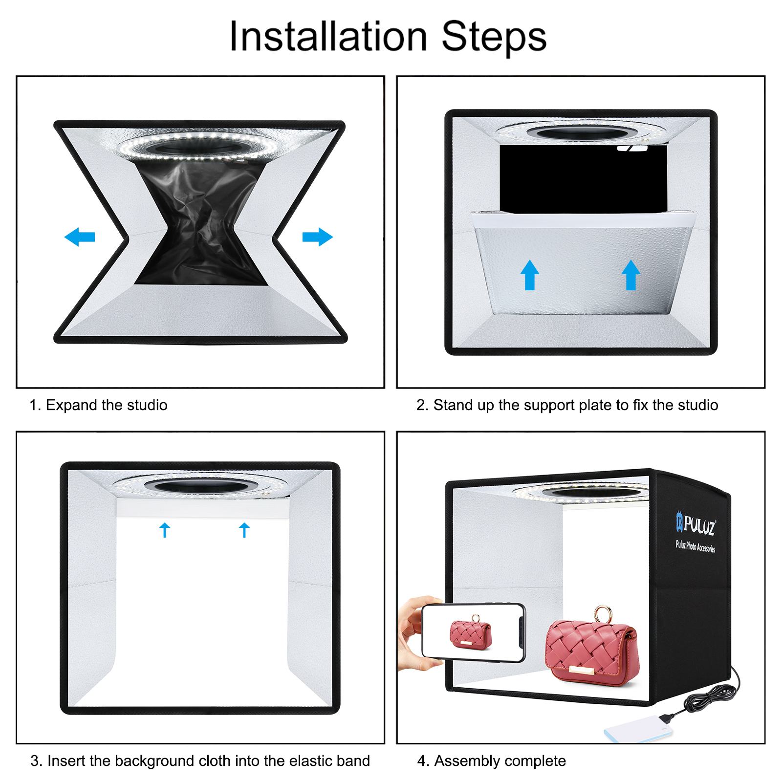 Puluz Photo Studio Lightbox Portable Photography Lighting Box Ring LED Softbox Shooting Tentbox Kit 6 Colors Backdrops Photobox