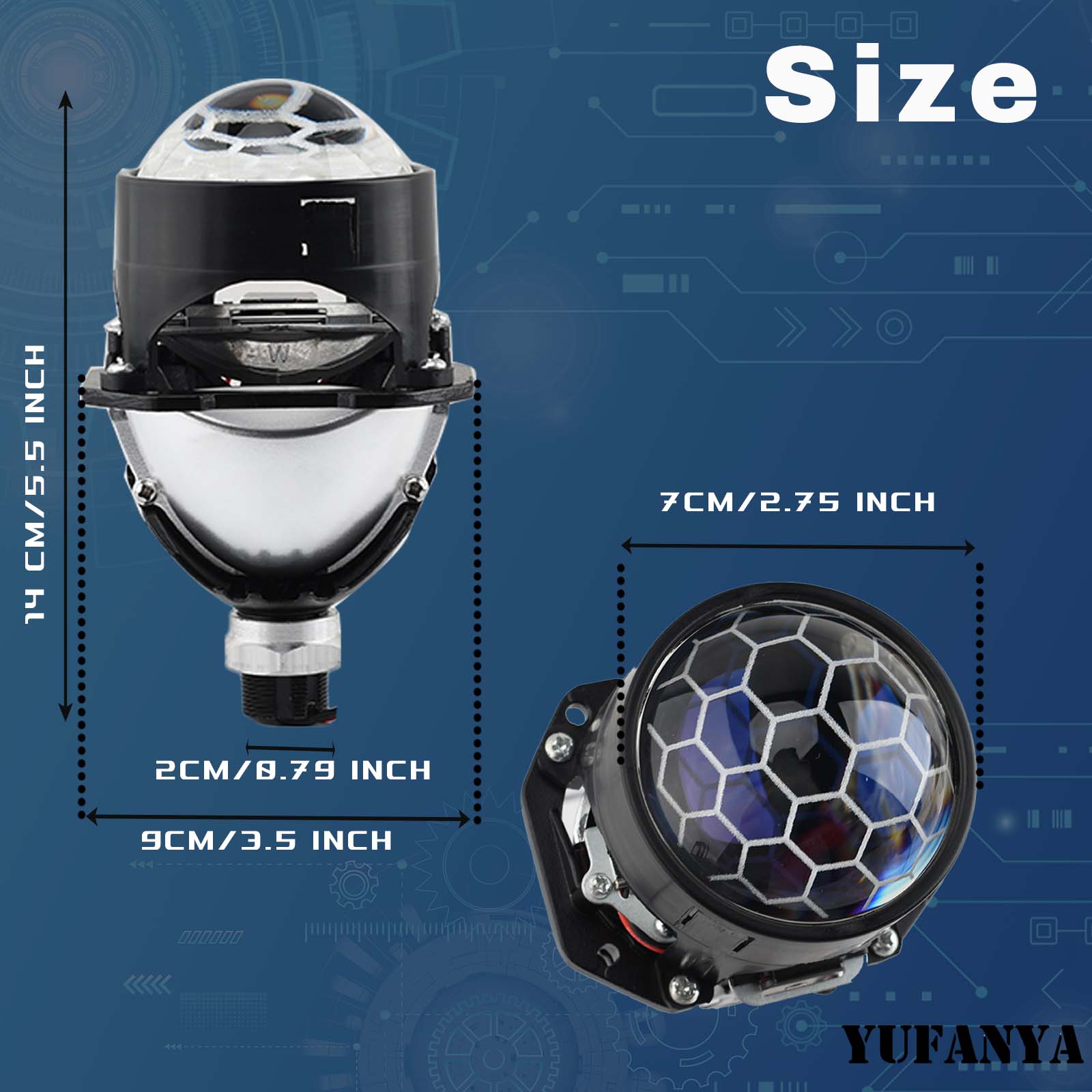 90W 2.5 Inch Bi-Led Lens Blue Honeycomb For H1 H4 H7 9005/9006 Socket Car Headlight Retrofit Upgrade Kit with Shrouds Accessory