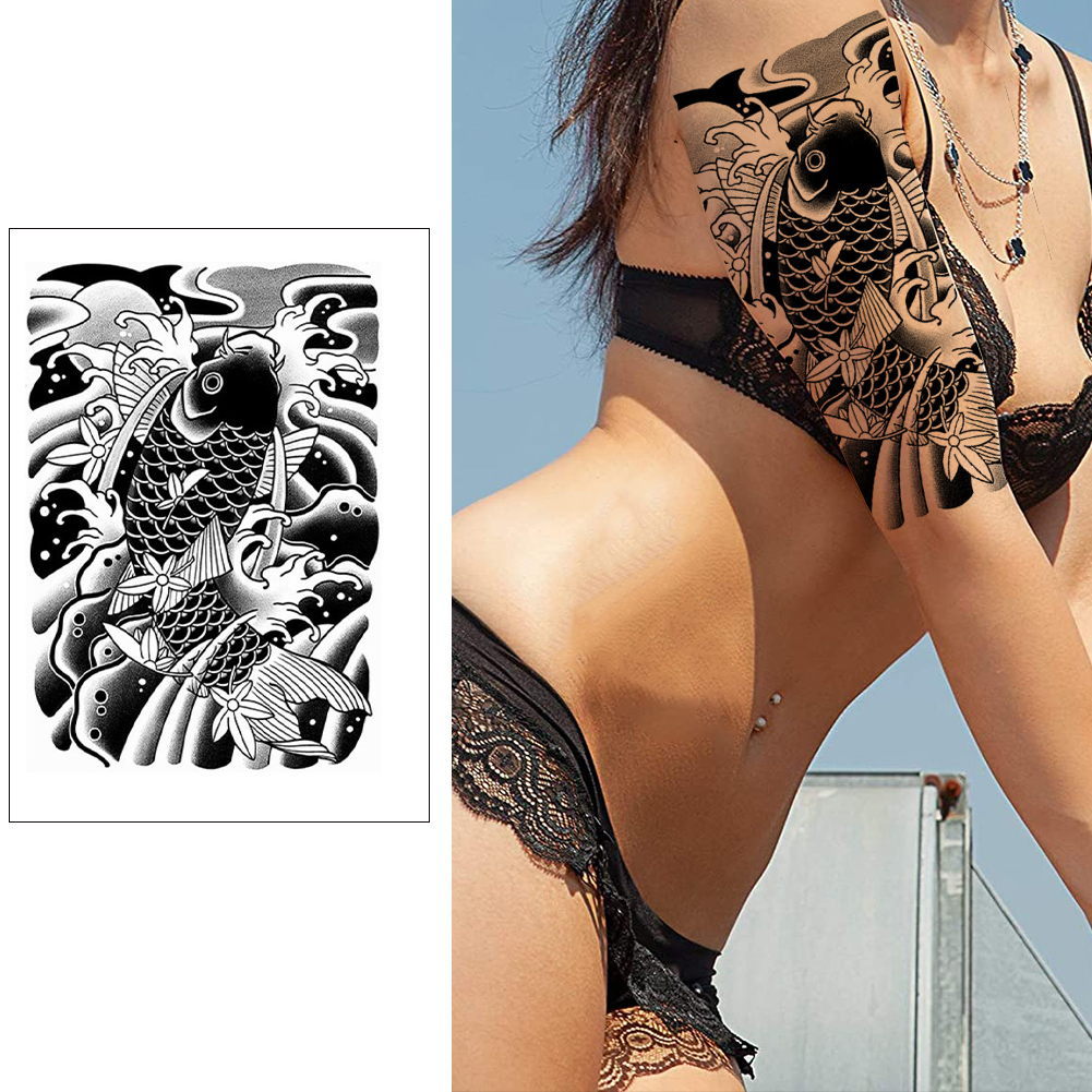 2PCS Waterproof Herbal Juice Tattoo Sticker Koi Fish Flower Tattoo Sticker Semi Permanent Tattoo for Arm Chest Shoulder Thigh