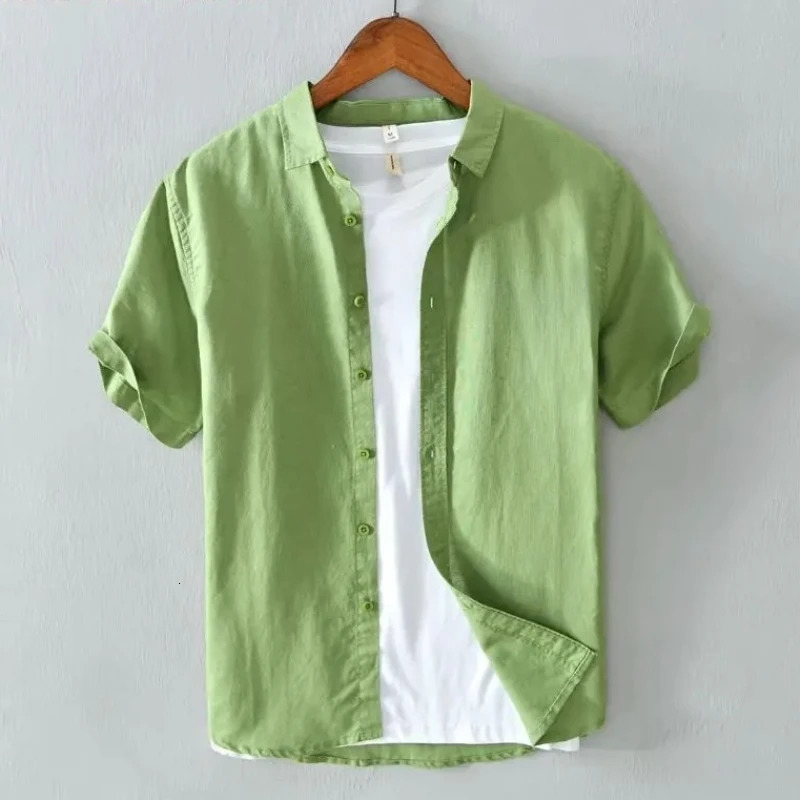 High Quality Cotton Linen Mens Summer Fashion Shirt Solid Color Simple Casual Short Sleeve Blouses Basic Thin Breathable Tops 240506 8a