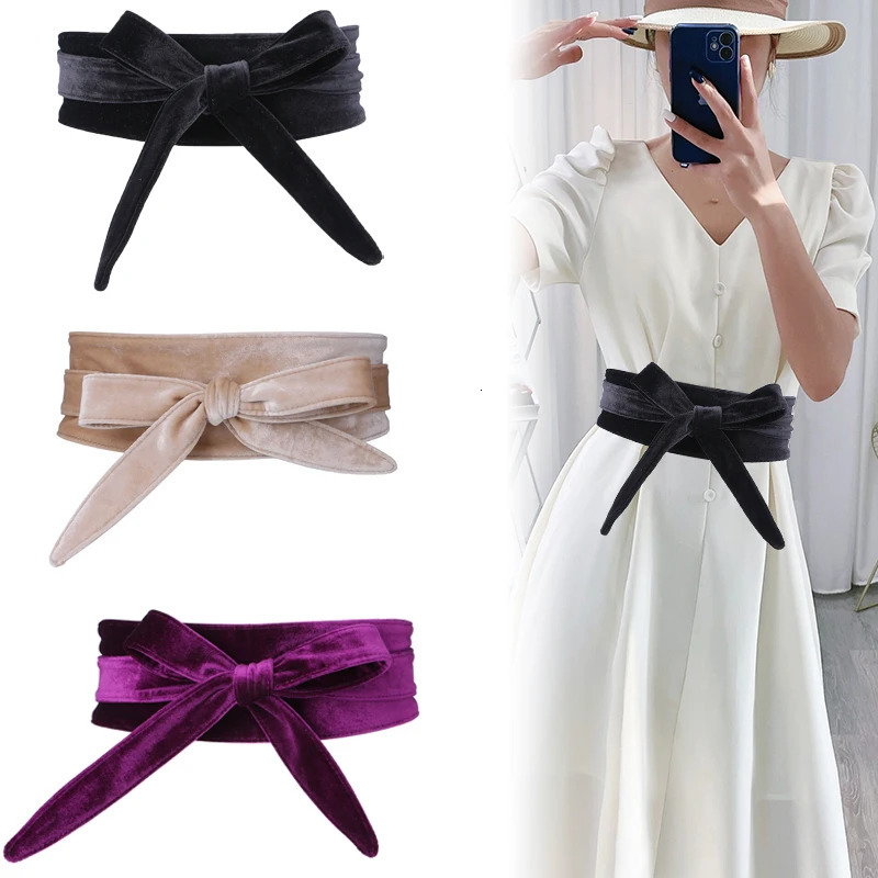 Fashion Womens Velvet Dress Waist Belts Wide Corset Cinch Belts Ladies Bowknot Self Tie Wrap Around Obi Waist Band Cummerbunds 240522