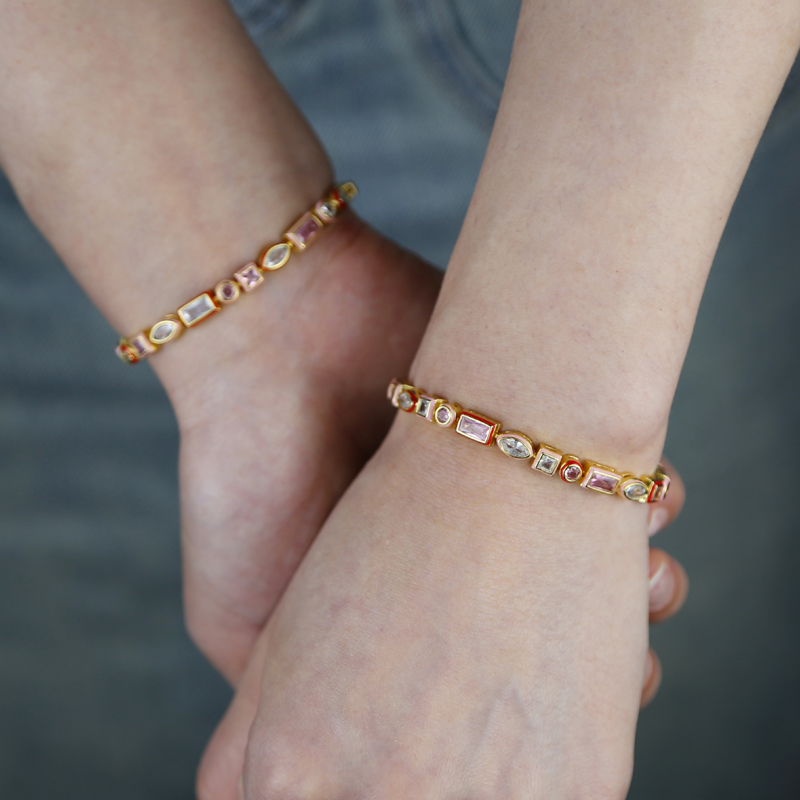 Geometric CZ Tennis Chain Choker Necklace Enamel Rainbow Bezel | 2024 New Fashion Jewelry