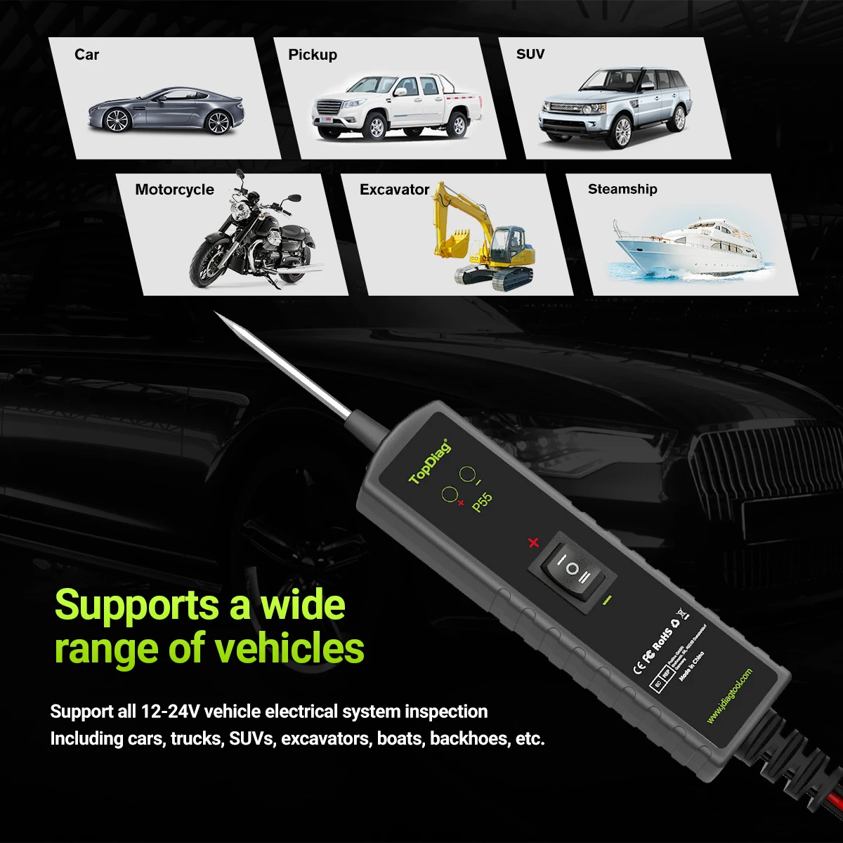 Power Topdiag P55 Automotive Circuit Probe Tester 12V 24V Car Test Light Electrical Diagnostic Tool Kit AC DC Short Finder smile