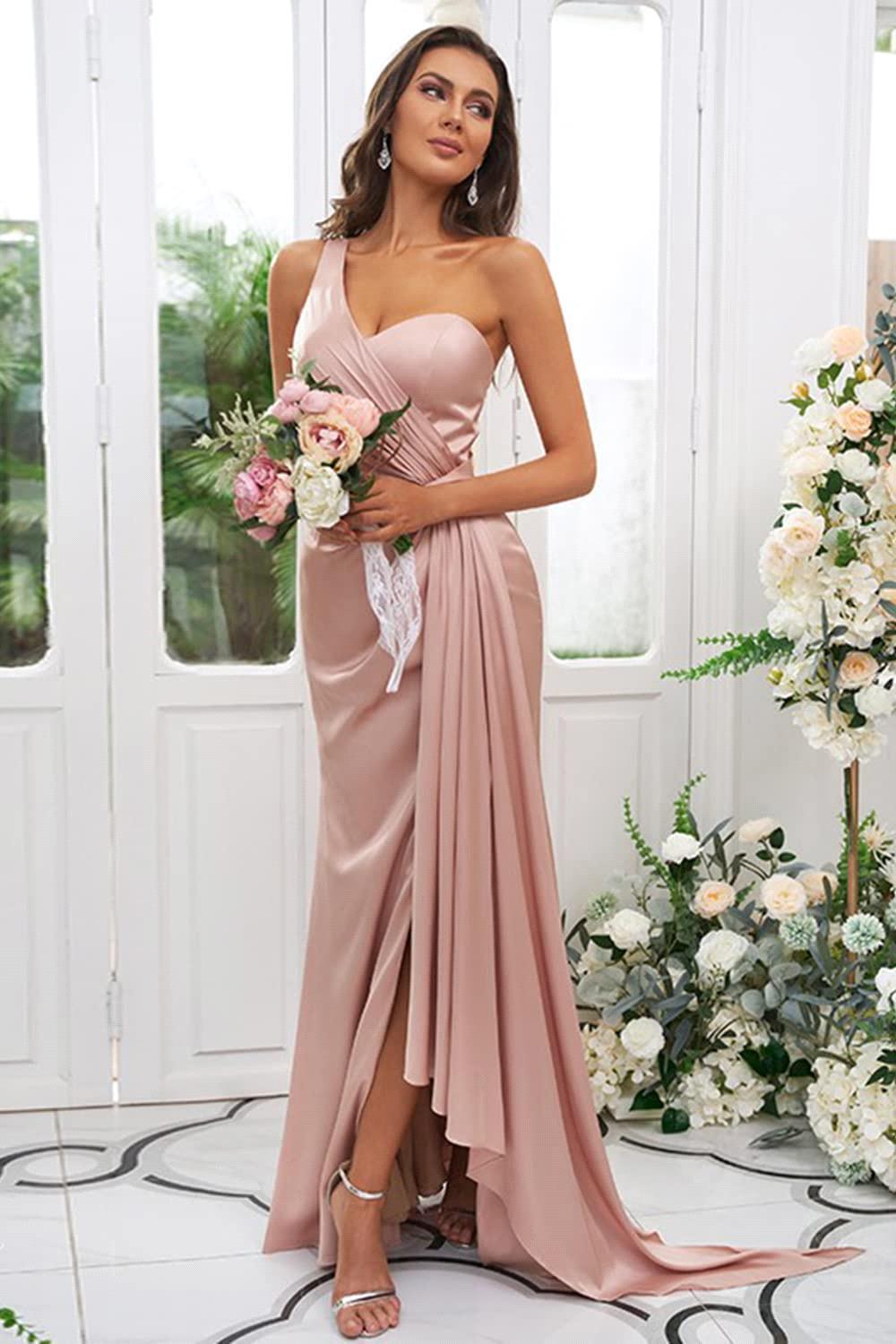 Elegant Dusty Pink One Shoulder Bridesmaid Dresses Sexy Mermaid Split Corset Back Long Maid of Honor Gowns With Pleats BM3219