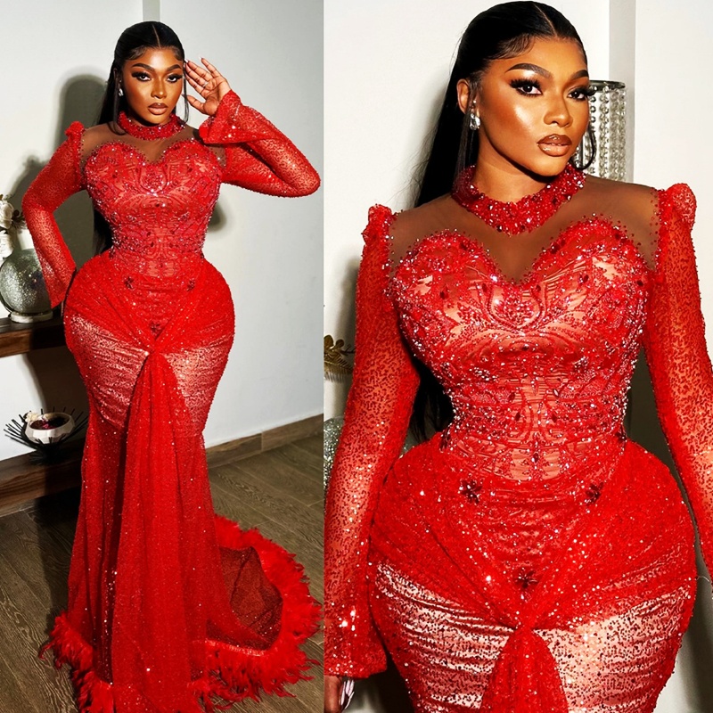 2024 Plus Size Aso Ebi Prom Dresses Illusion Long Sleeves Promdress High Neck Feathered Mermaid Sequined Lace Beaded Lace Birthday Dress Second Recept