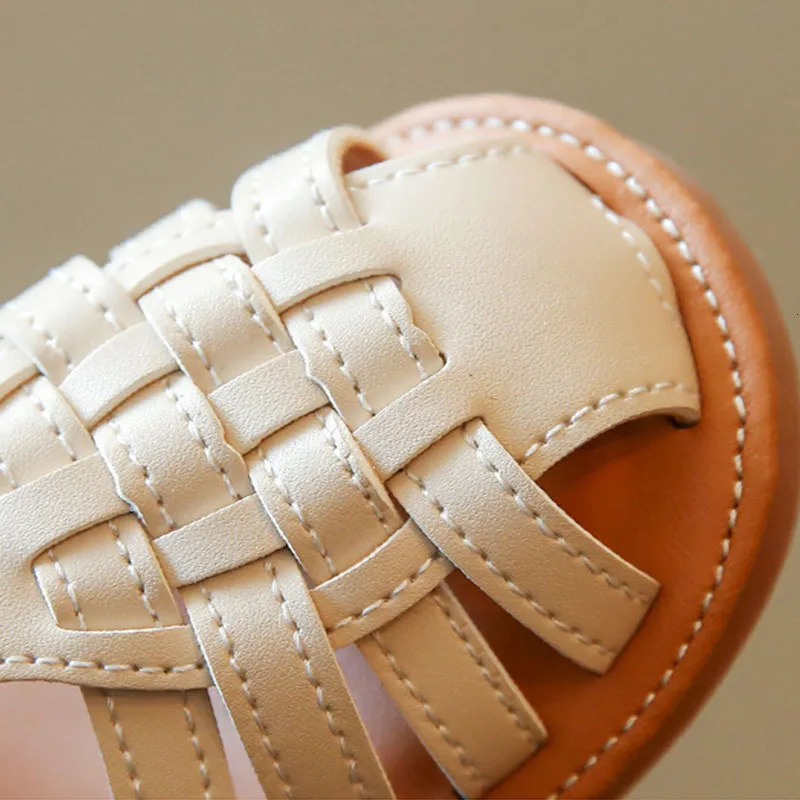 Vintange Weave Solid Girls Sandals Closed Toe Sandals for Girl Kids Baby Flat Girls Sandals Summer Kids Shoes F02234 240513