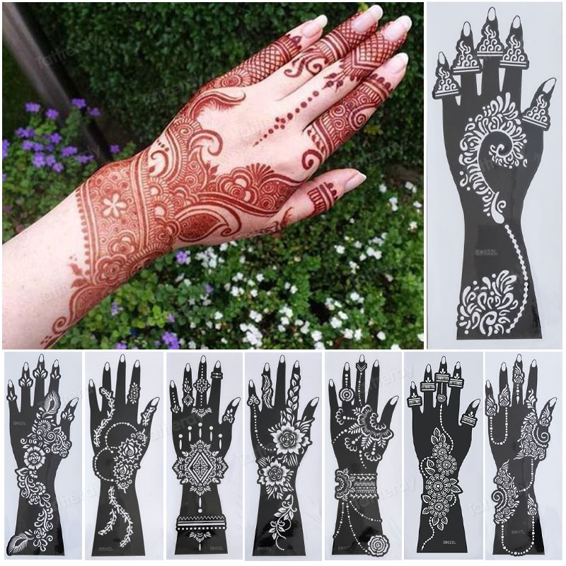 2Pcs Hand Sleeve Temporary Tattoo Stencil Henna Lace Mandala Tattoo Spray Paint Templates Sheets Lotus Flowers Tattoo Sticker