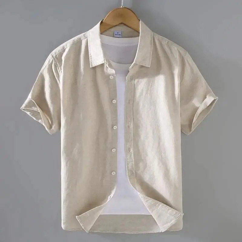 High Quality Cotton Linen Mens Summer Fashion Shirt Solid Color Simple Casual Short Sleeve Blouses Basic Thin Breathable Tops 240506 8a