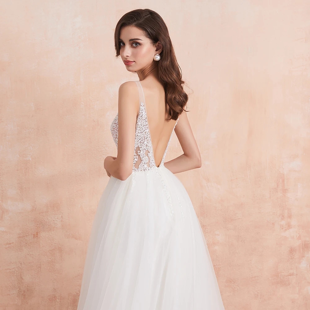 V Neck Wedding Dress White Ivory Sexy High Splits Beaded Beading Pearls Crystal A Line Backless Bridal Gown Vestido De Noiva