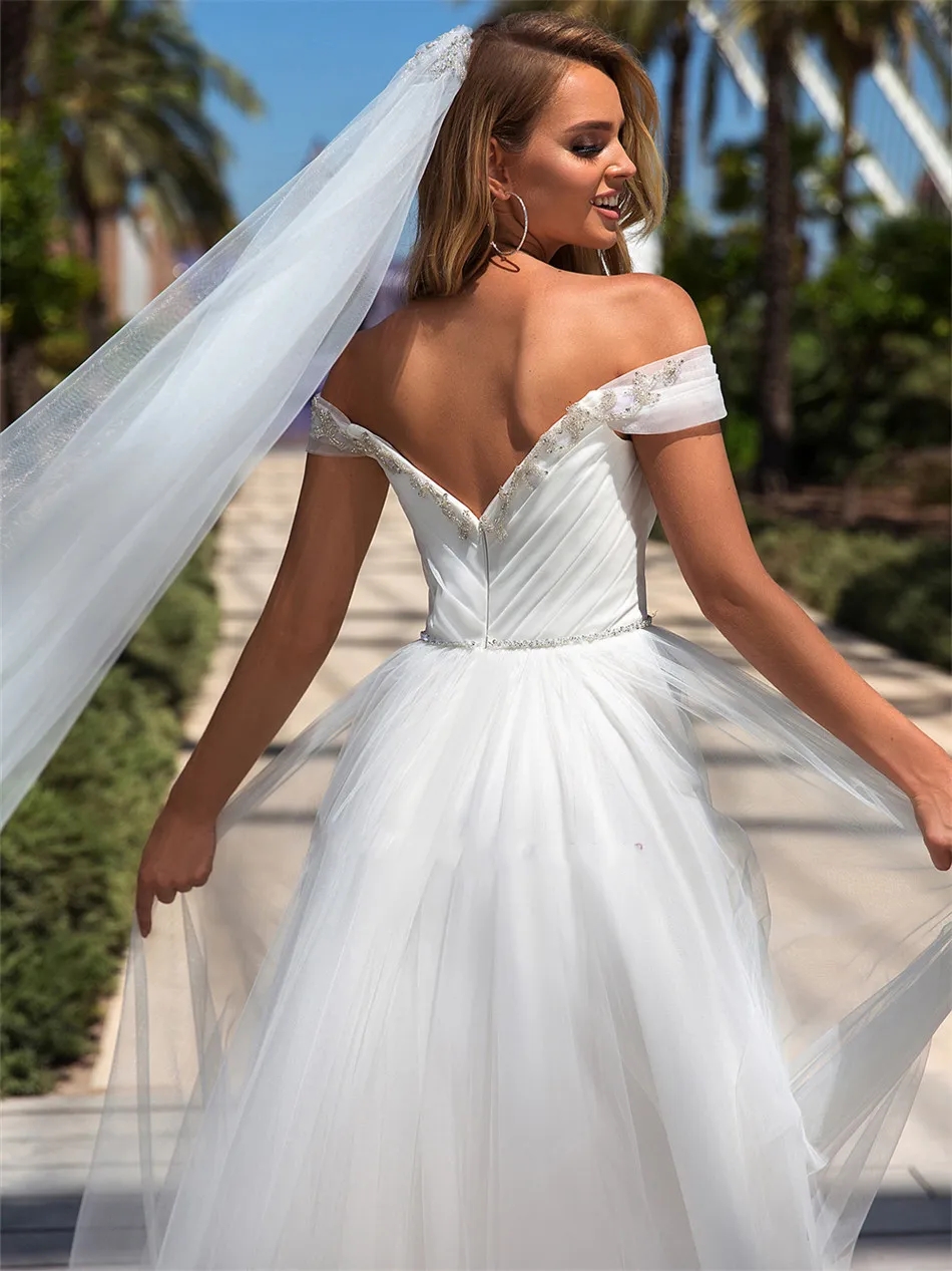 Dresses Off Shoulder A Line Wedding Dresses Beaded Crystal 2024 Formal Long Tulle Spring Bridal Gowns Simple Bling Bling Plus Size Vestido
