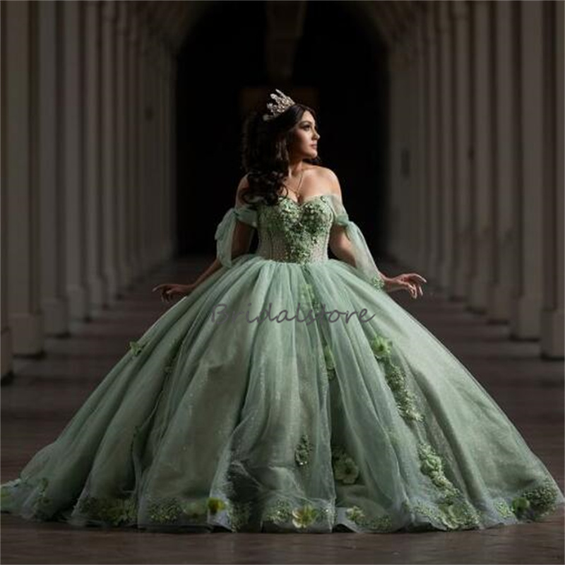 Sage Green Charro Quinceanera Dresses 2024 Off Shoulder 3D Flowers Vestio De 15 Anos Xv Quinceanera Masquerade Sixteen Birthday Party Dress Vestido De