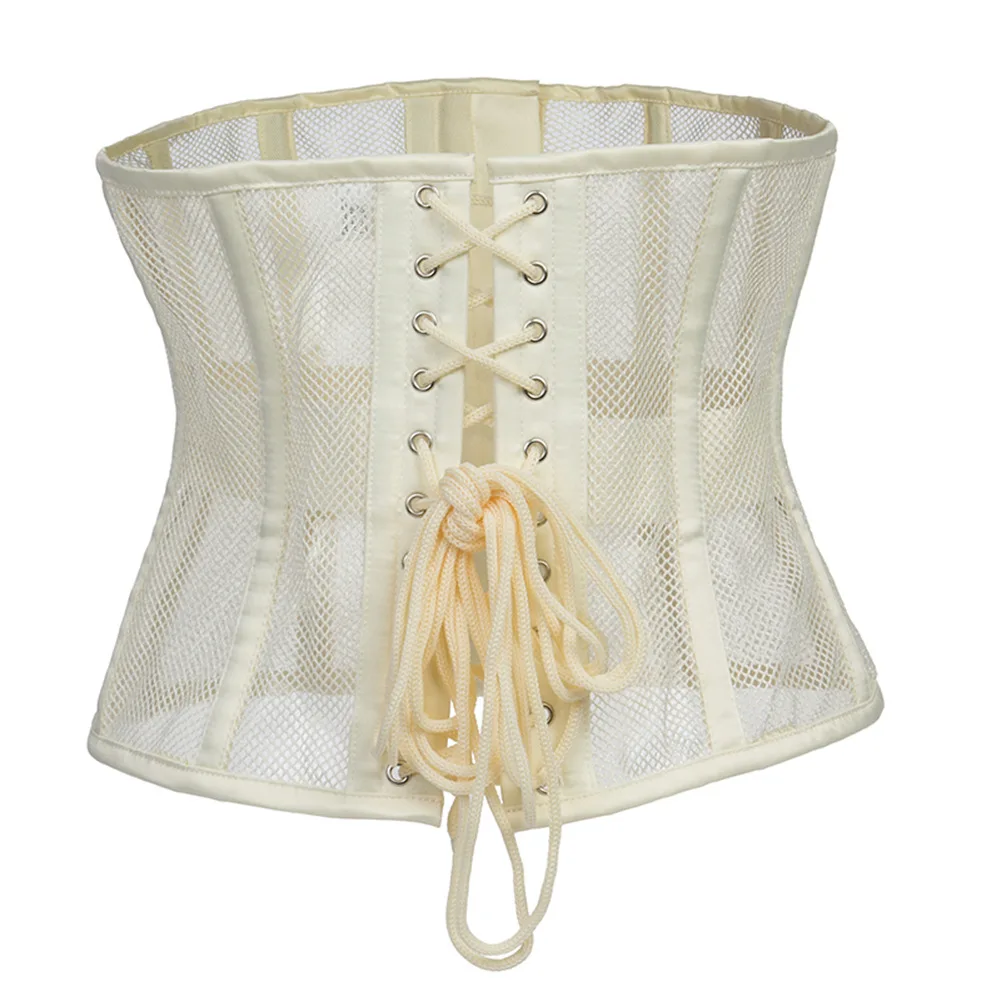 Women Waist Trainer Underbust Sexy Mesh Bustiers Goth Vintage Slim Body Belts Streetwear See Through Corset Black Apricot