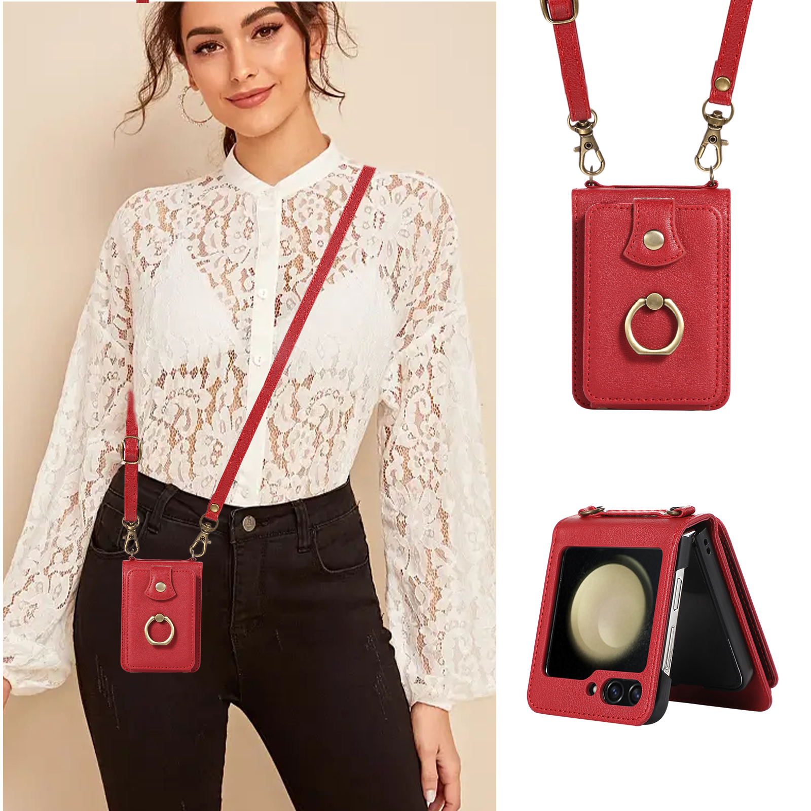 Crossbody Leather Cards Solt Wallet Bag Case For Samsung Galaxy Z Flip 5 4 3 5G Flip5 Finger Ring Holder Lanyard Pocket Cover
