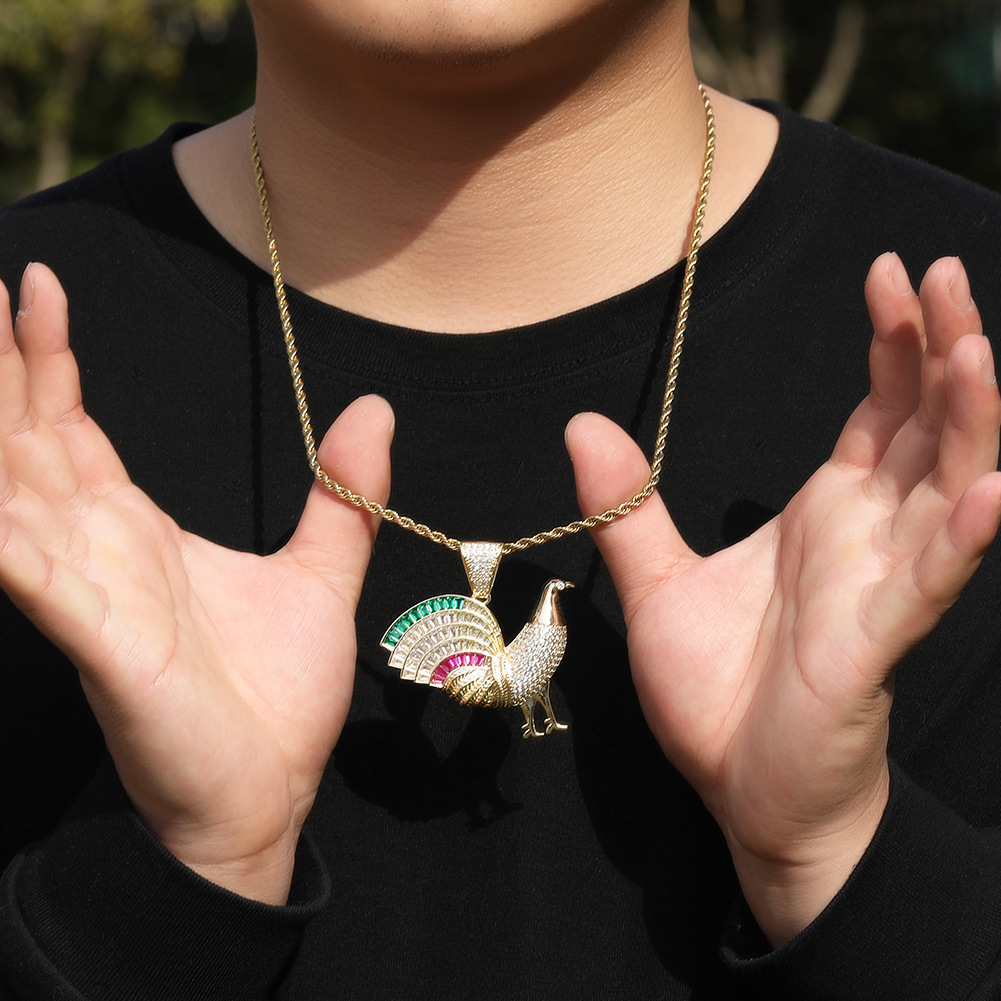 Hip Hop Rooster Cock Pendant Necklace 5A T Zircon Real Gold Plated Mens Jewelry