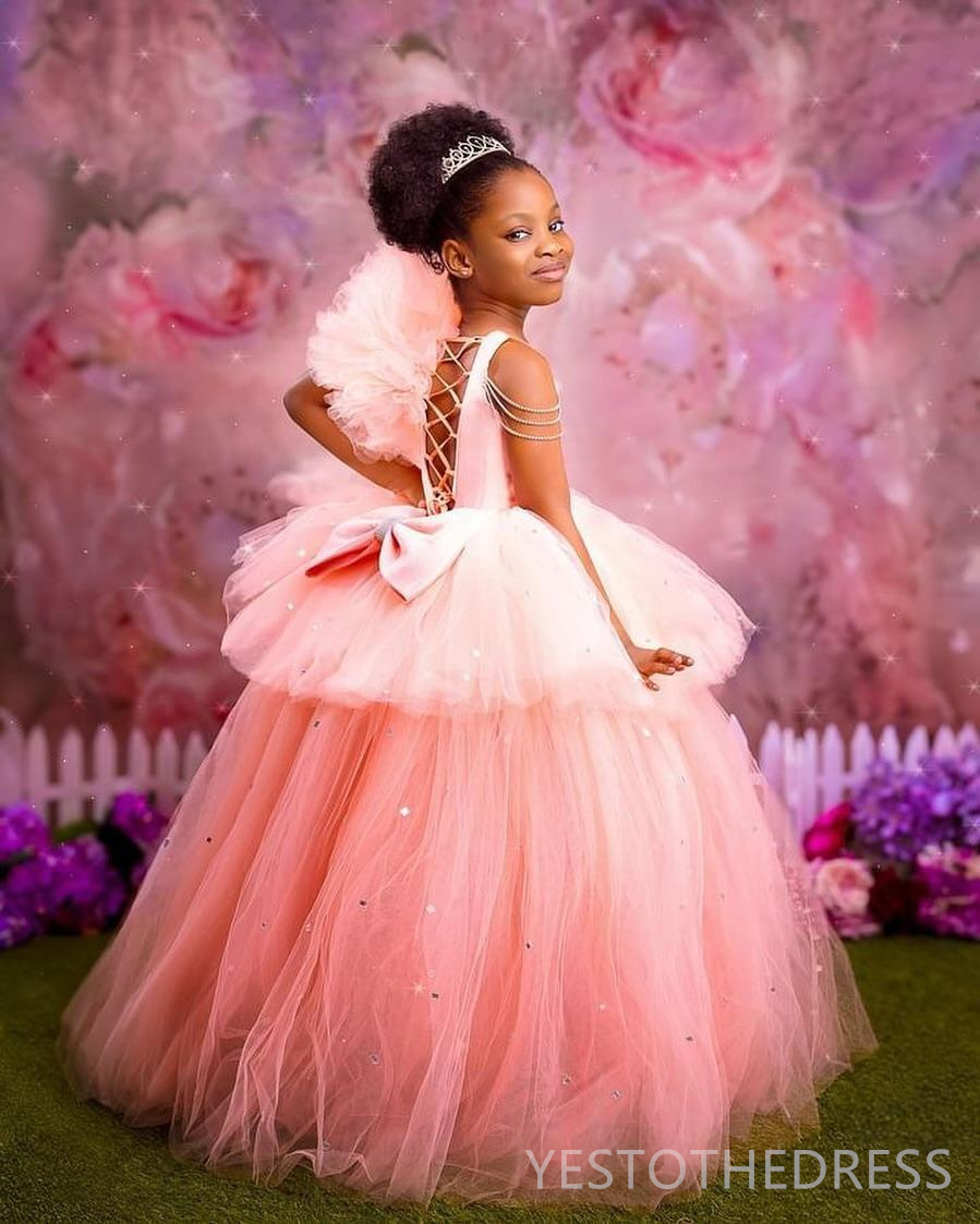 2024 Aso Ebi Pink Flower Girl Dresses Birthday Party Dress Illusion Sheer Neck Rhinestones Beaded Tiered Tulle Bow Beading Decorated Princess Gown For