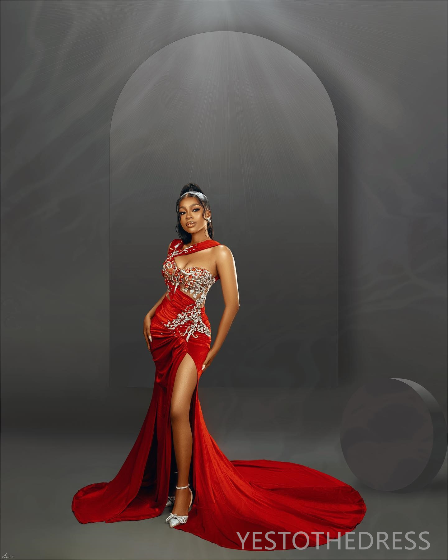 2024 Red Evening Dresses Prom Dress for Special Occasions Promdress One Shoulder Velvet Appliqued Beaded Lace Side Split Birthday Party Dress Dinner G