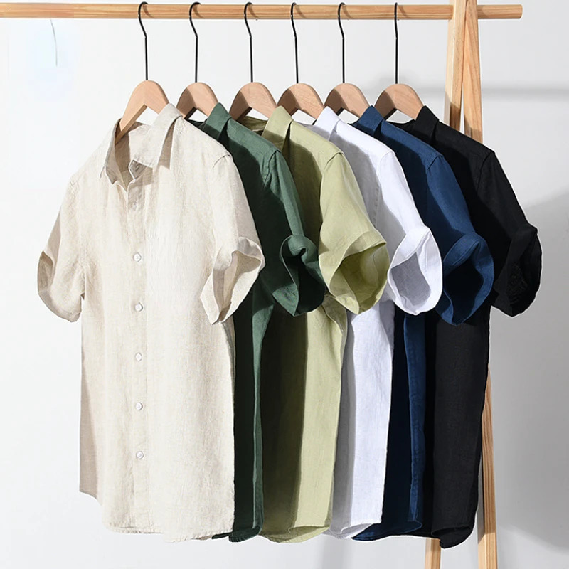 High Quality Cotton Linen Mens Summer Fashion Shirt Solid Color Simple Casual Short Sleeve Blouses Basic Thin Breathable Tops 240506 8a