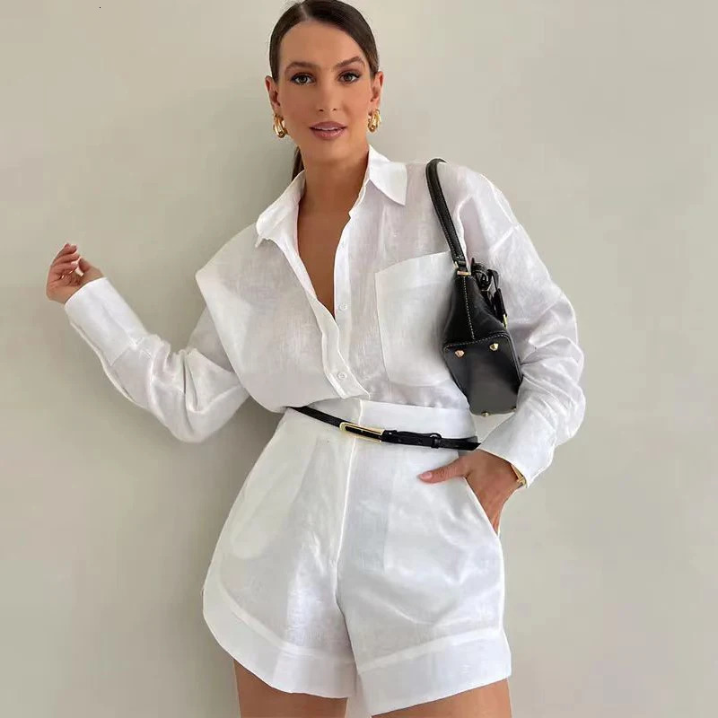 Aoaiiys White Short Sets Women Shirts Long Sleeve Linen Loose Blouse High Waist Shorts Suit Summer 2 Piece Womens Outfits 240518