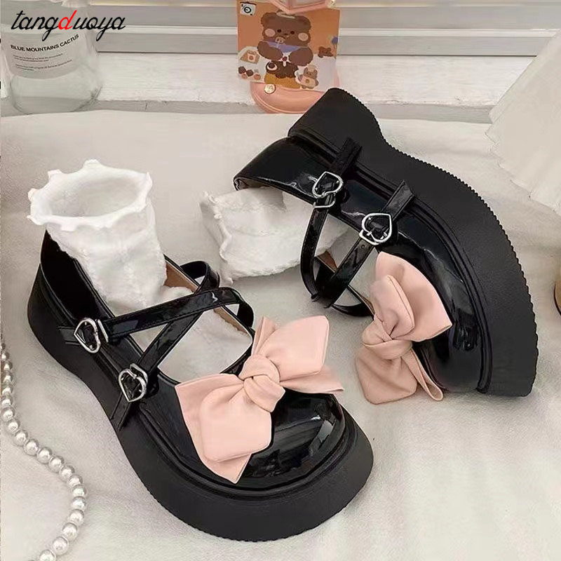 Kawaii Lace Bowknot White Lolita Shoes Women 2023 Heart Buckle Platform Mary Janes Woman Japanese Style Patent Leather Jk Shoes