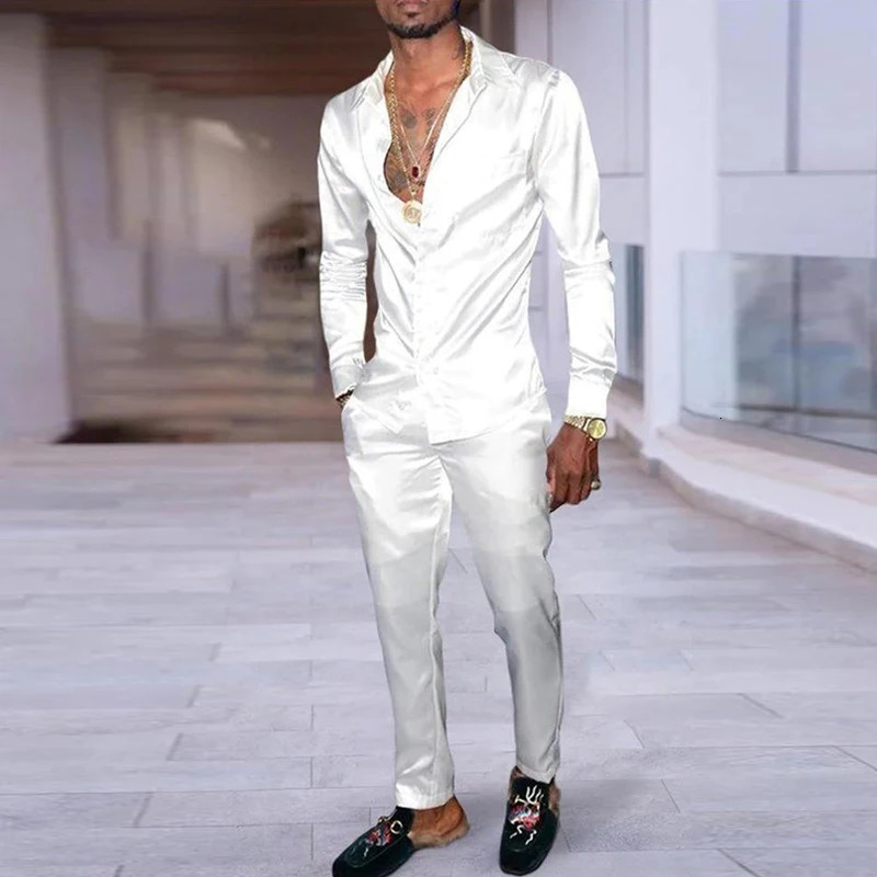 Mens Two Piece Casual Outfits Streetwear Fashion Gradient Color Loose Sets Long Sleeve Lapel Buttoned Shirts And Pants Suits Men 240518