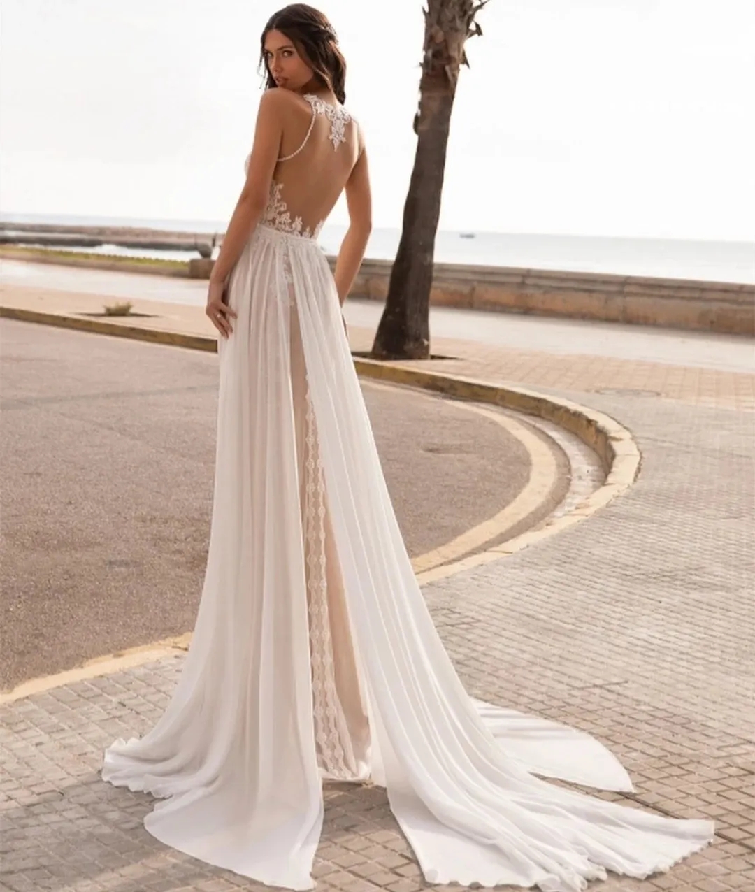 Dresses Bohemian Lace Wedding Dress 2024 Vintage Halter Sleeveless Sweep Train Simple A Line Chiffon Bridal Gowns Summer Beach Robe De Mar
