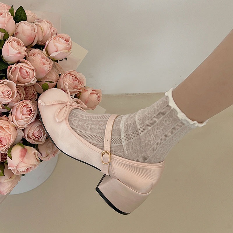 Ballet Women Pumps Lolita Mary Jane Ladies Chunky Heel Bow-knot Shallow Sandals Female Cute Sweet Round Toe College Girl Shoes c473