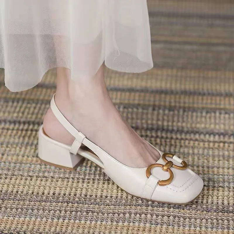 Retro Baotou Sandals Women's 2024 Summer New Back Strap Horsebit Leather Office Ladies Ankle Buckle Med Heels Shoes