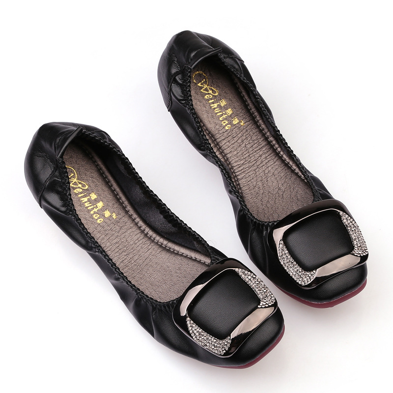 Roll-Up Flats Crystal Square Metal Buckle Foldable Ballet Flats Women Shoes Ballerina Cozy Soft Bottom Moccasins Plus Size 35-41