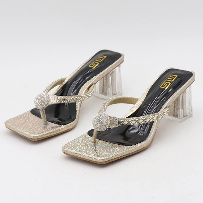 New Summer Flip Flops Gold Silver Slides Women 6cm High Heels Mules Slippers Crystal Glitter Clear Low Heels Bling Luxury Shoes