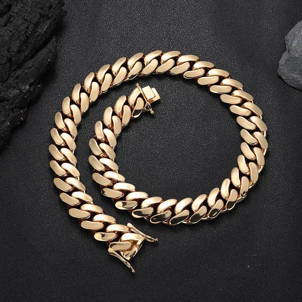 10mm-22mm Hip Hop Smooth Cuban Chain Necklace Bracelets Gold Plated Mens Jewelry Set