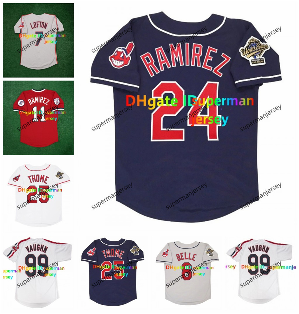 Manny Ramirez Jim Thome Indians Ricky Vaughn Throwback Baseball Jersey 1995 World Series Jose Ramirez Kenny Lofton Albert Belle Frank Robinson Vizquel Size S-4XL aaa
