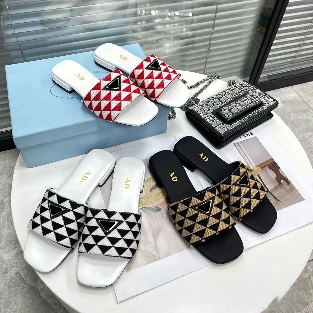 lady Triangle Fabric Slippers embroider Sandal Luxury Casual shoe for Mens Women Designer Slide loafer pool Fashion Sandale outdoor Sliders DHgat