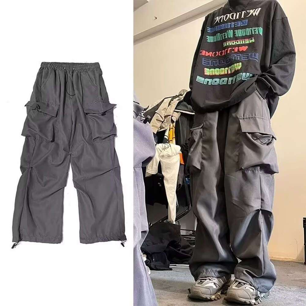 HOUZHOU Black Pants for Men Gray Cargo Trousers Male Red Spring Cotton Loose Casual Streetwear Hip Hop Pocket M522 39