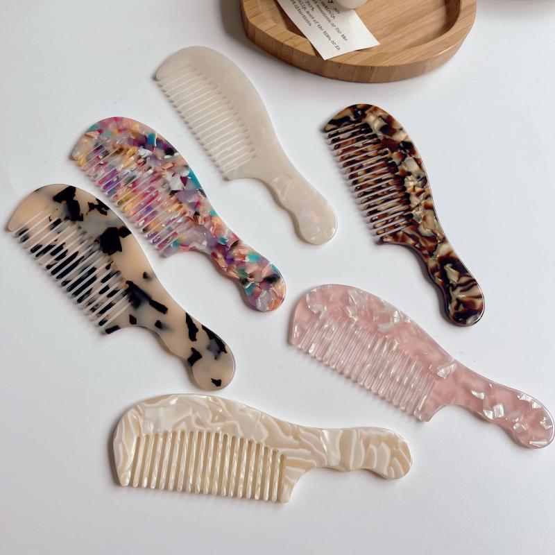 Acetic acid board comb, anti-static marble texture, large teeth comb, portable, compact handle, hair styling comb