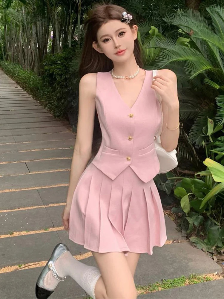 Small Fragrant Summer Elegant 2 Piece Sets Vintage V Neck Sleeveless Vest Womens Office Lady High Waist Pleated Aline Skirts 240522