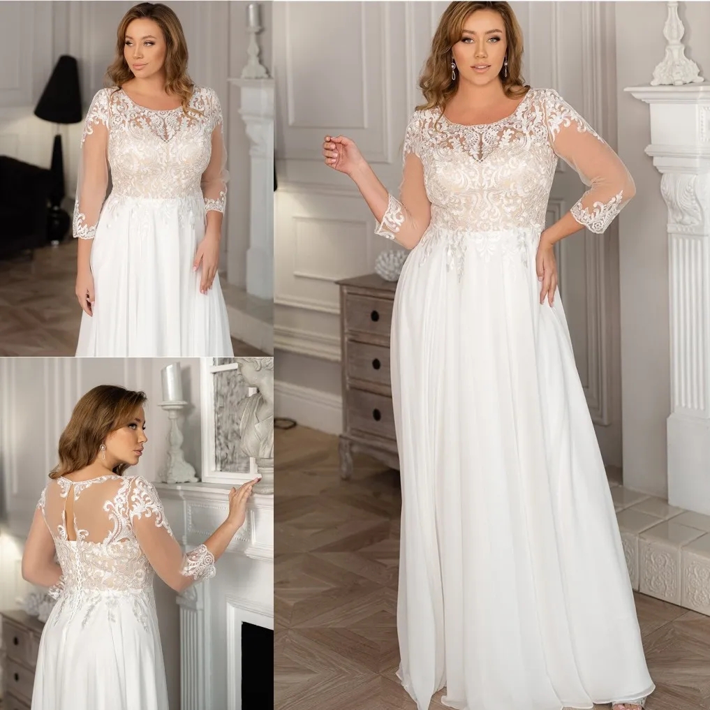 Classy Plus Size Lace Wedding Dresses Scoop Neck A Line Long Sleeves Bridal Gowns Sweep Train Chiffon robe de mariee