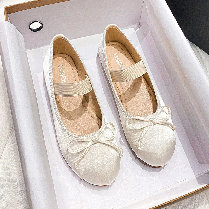 Women's Mary Jane Shoes Round Toe Plus Size Women's Shoes Bow Silk Satin Ballet Flats Spring Autumn Flats Shoes Zapatos De Mujer