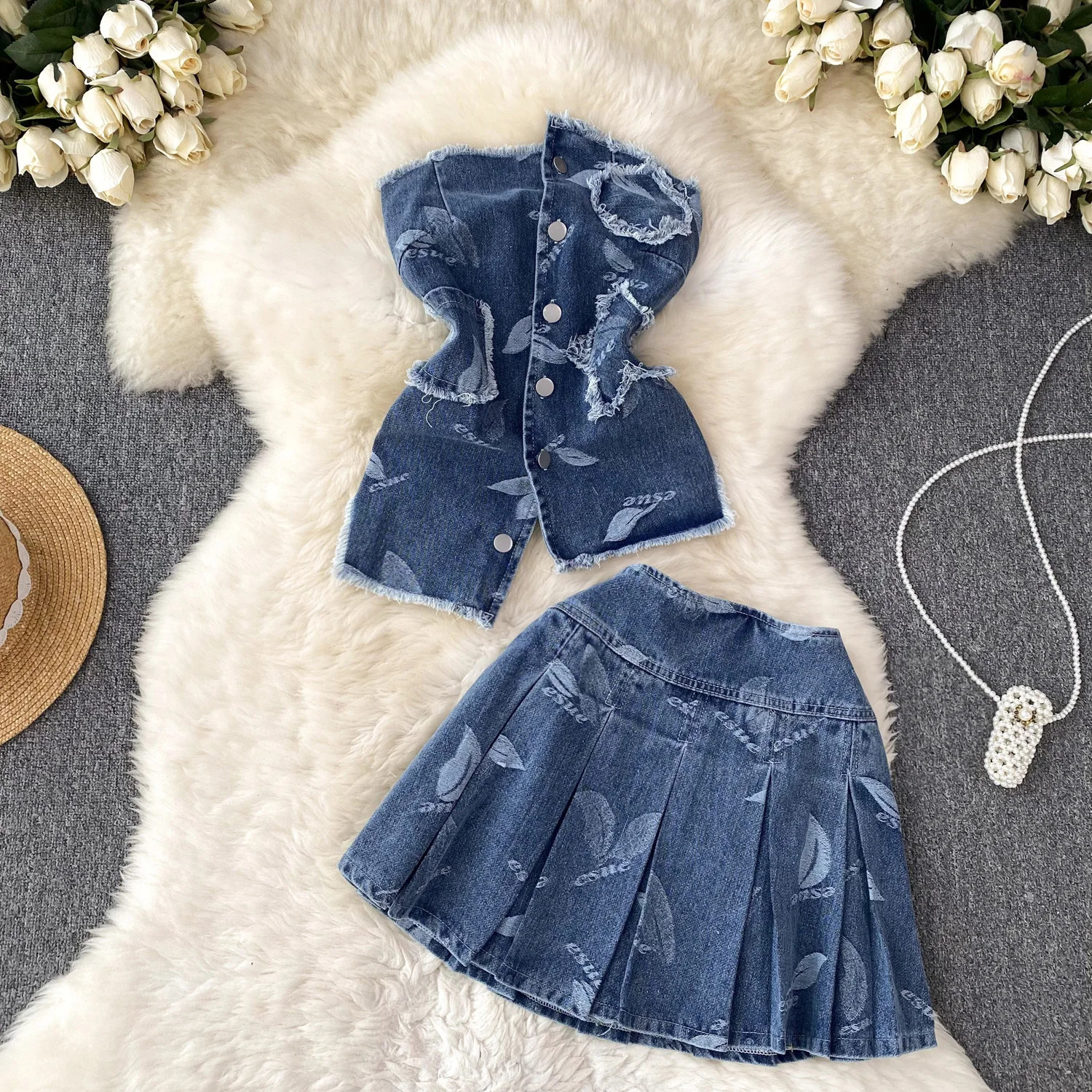 Women Printed Denim Skirts Suits Cowboy Sets Female French Irregular Chest TopsHigh Waist Thin Pleated Skirt Suit 240522