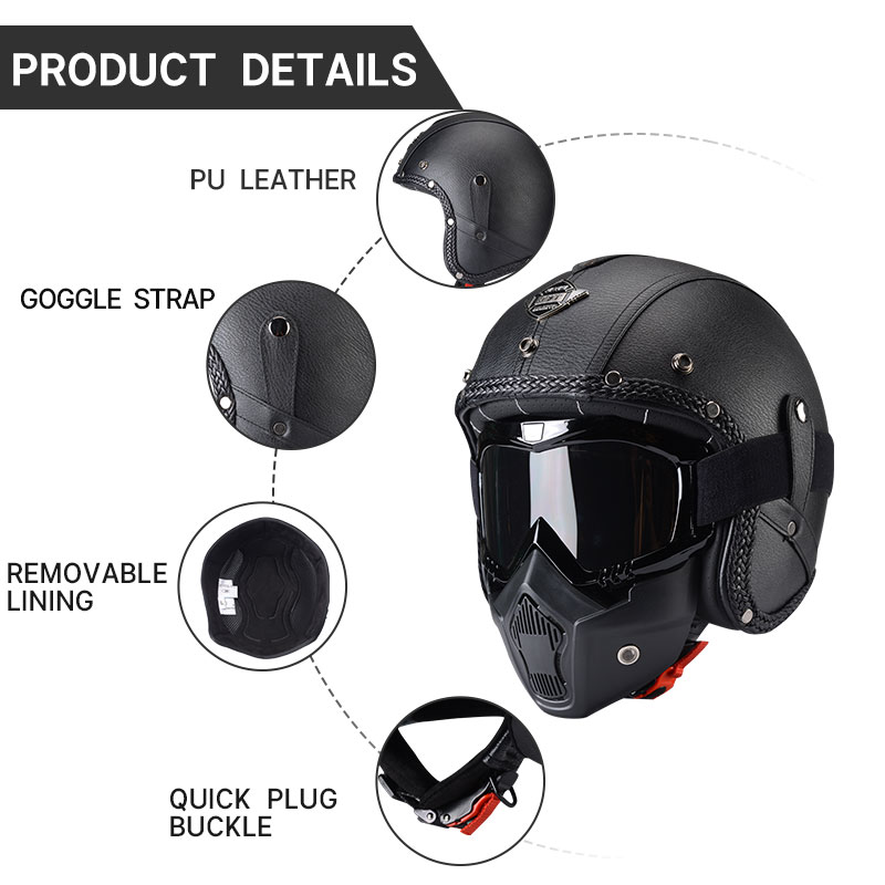 PU Leather Retro Vintage Motorbike 3/4 Open Face Casco Moto Helmet Motorcycle Helmets With Goggle Mask For Adult