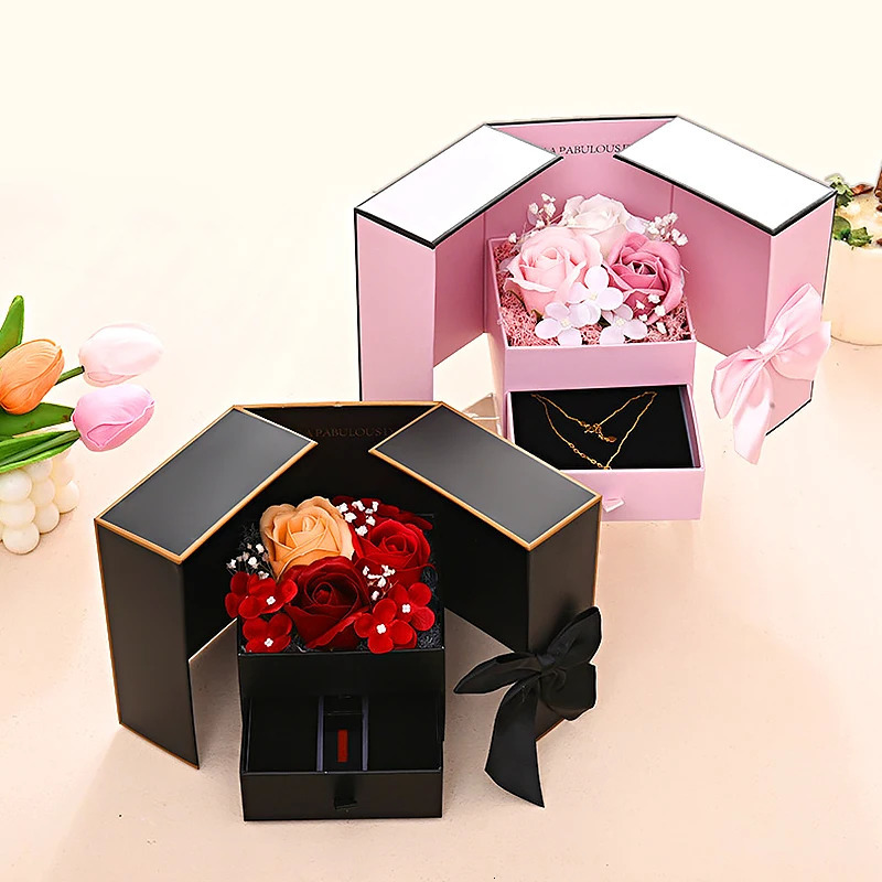 Rose Gift Box Flower Jewelry Box for Valentines Day Wedding Anniversary Gift Packaging Box Romantic Double-door Cardboard Case 240522