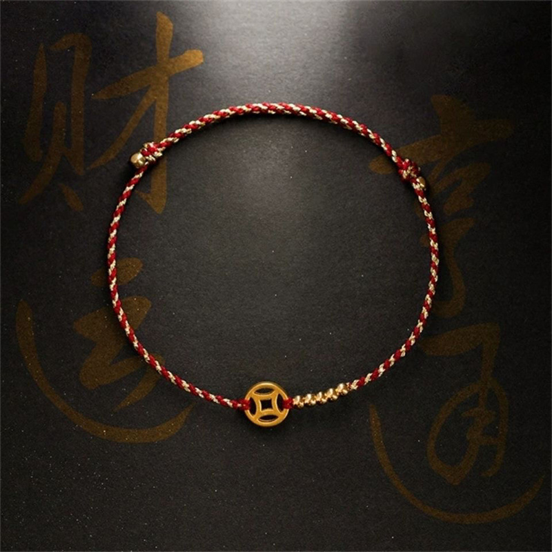 Handmade Woven Red Rope Wealth Lucky Bangle Gold Color Copper Adult Women Men Couple Adjustable Bracelets Drop Shipping